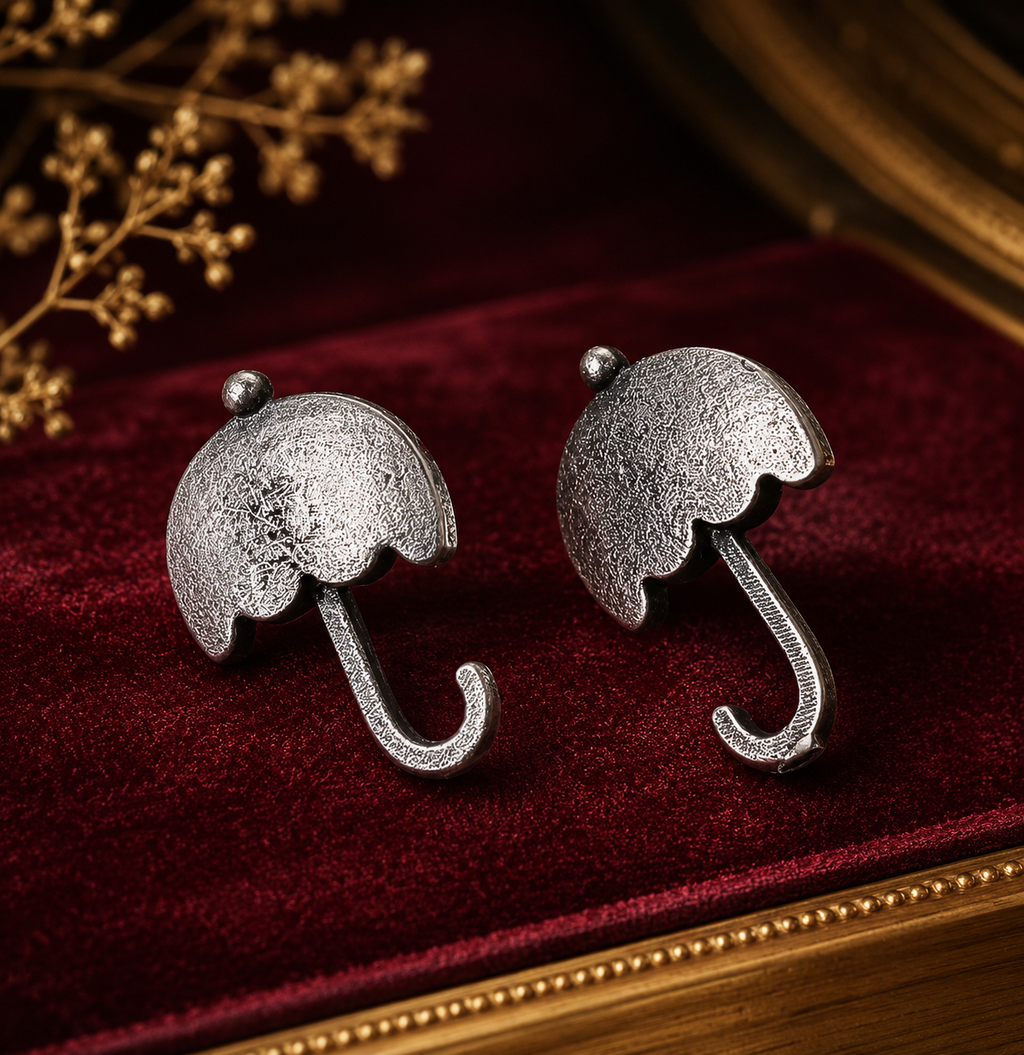 Silver Oxidized Umbrella Stud Earrings
