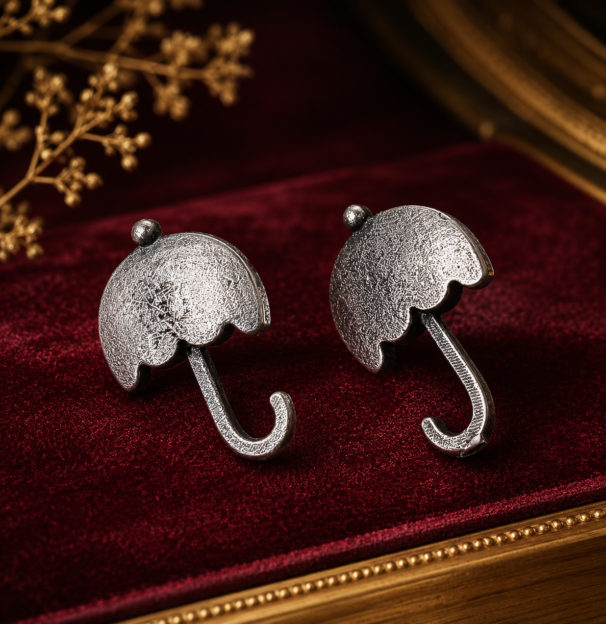 Silver Oxidized Umbrella Stud Earrings