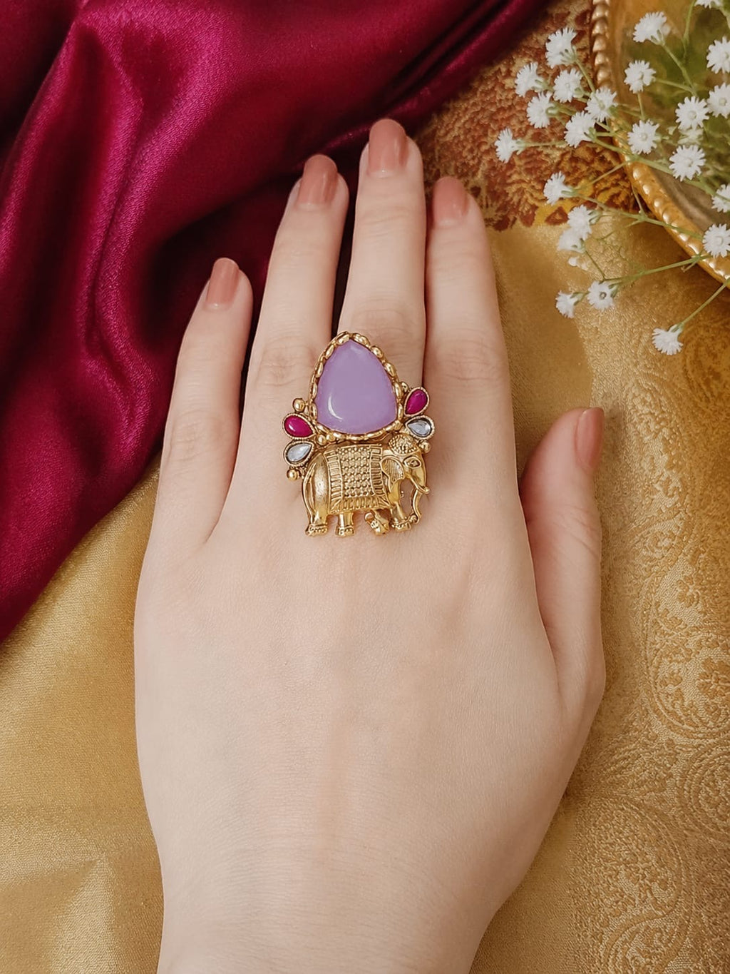 Antique gold-plated Rajwadi elephant cocktail ring