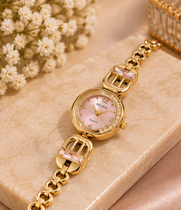 Pink sunray round dial watch