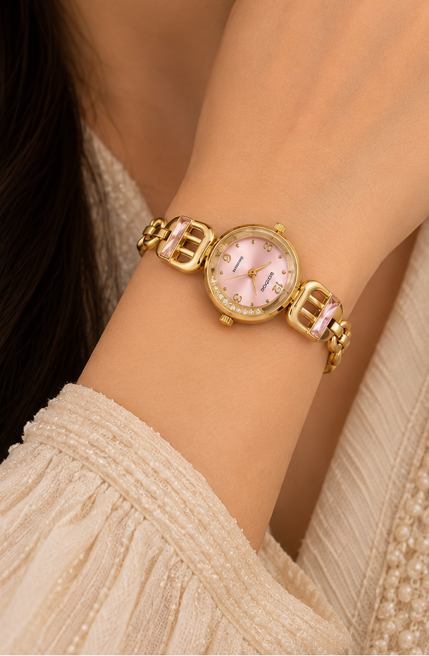 Pink sunray round dial watch
