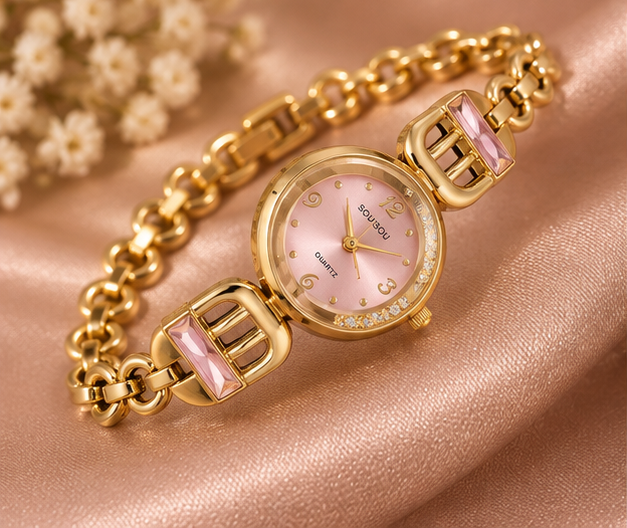 Pink sunray round dial watch