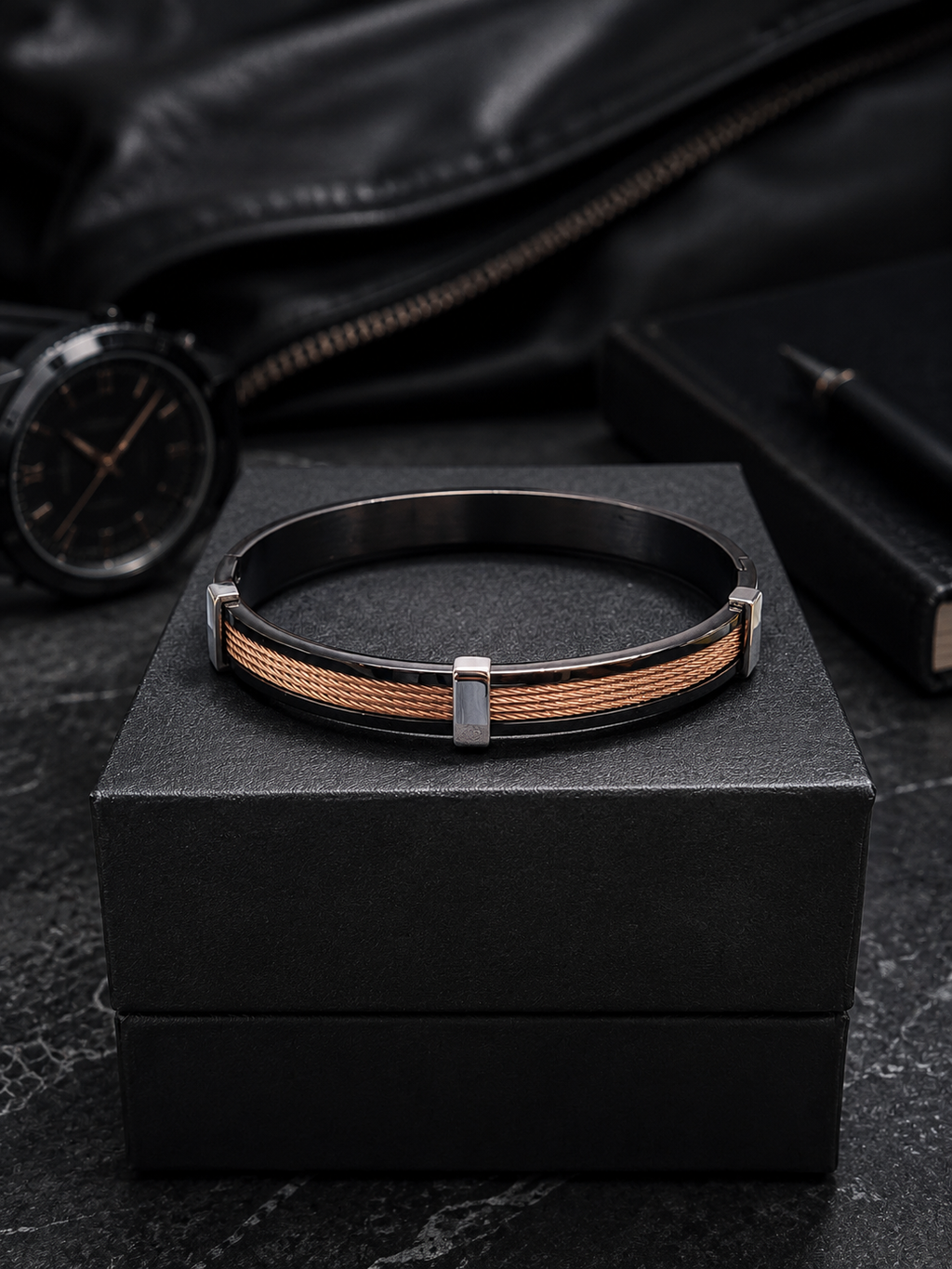 Industrial black and rose gold cable men's bracelet