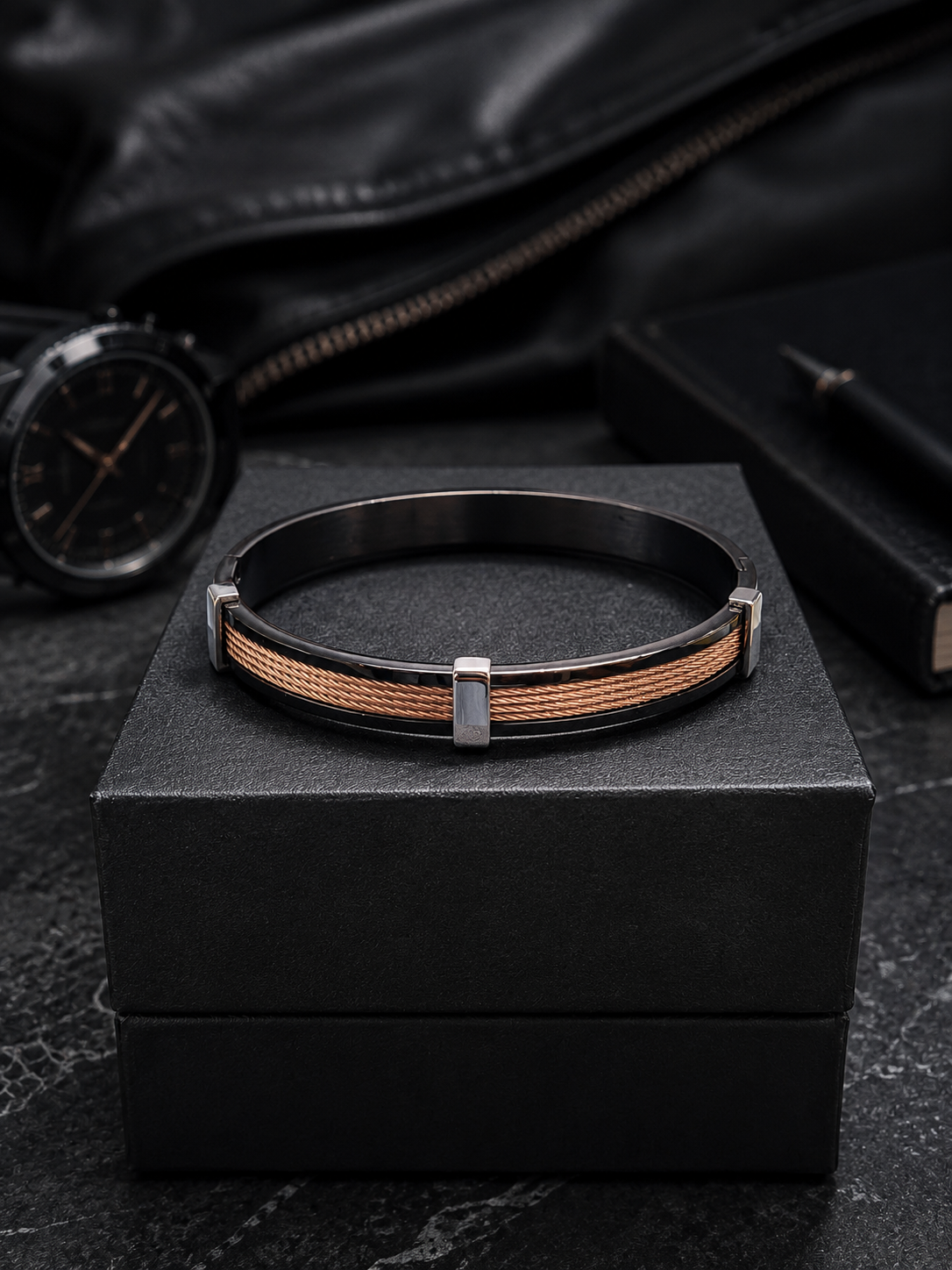 Industrial black and rose gold cable men's bracelet