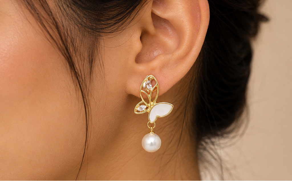 Butterfly enamel and pearl drop earrings