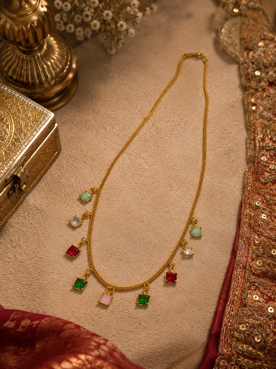 Gold-plated multi-colored glass stone charm necklace