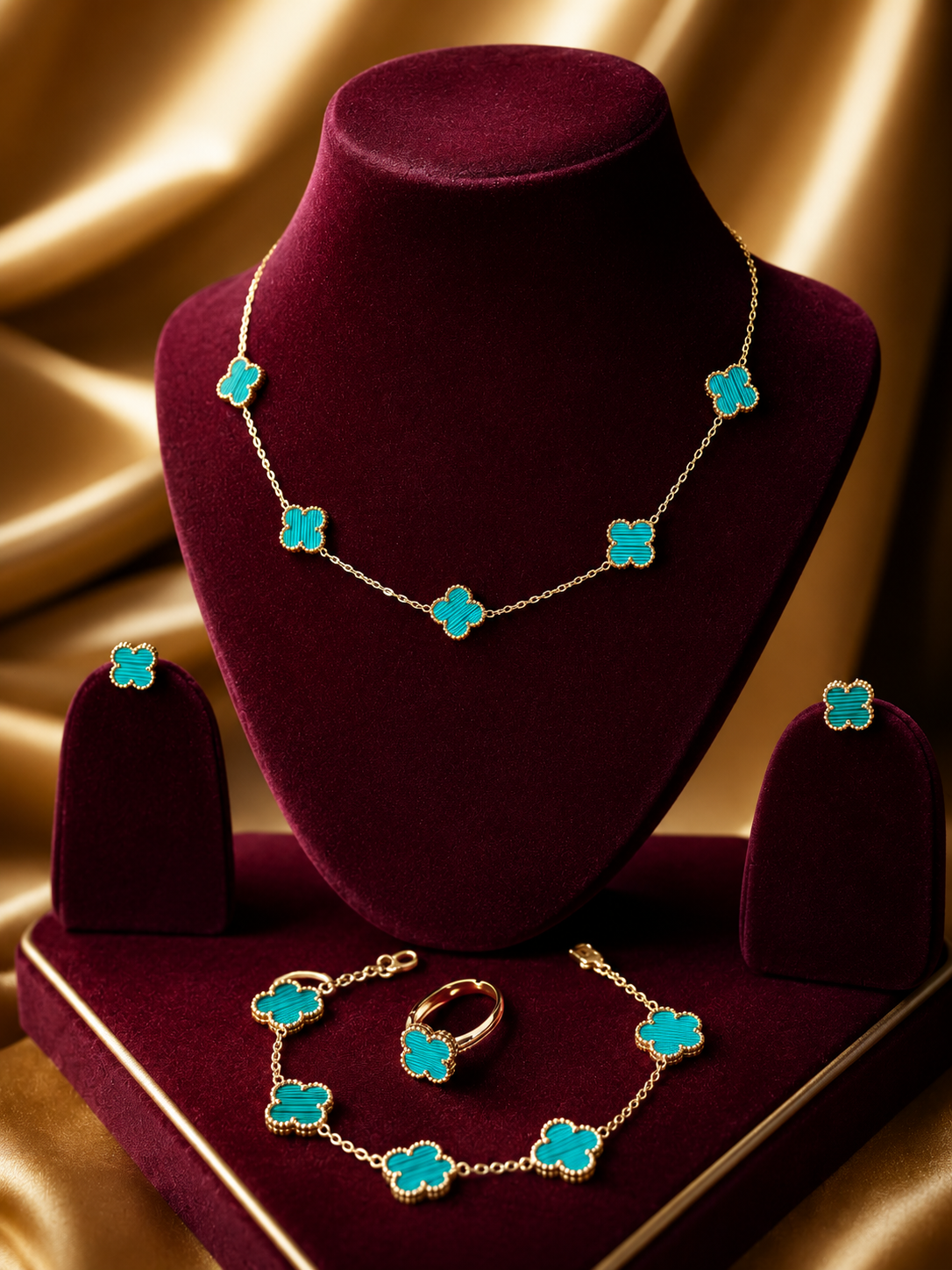 Dainty Turquoise Clover Necklace, Bracelet, Ring & Earrings Set