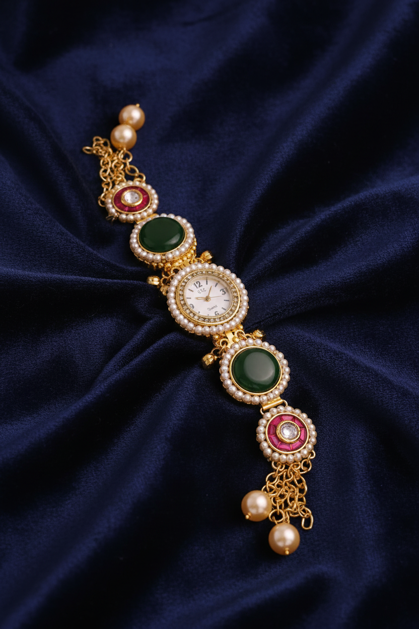 Traditional Kashmiri Kundan & Emerald-Green  Bracelet Watch