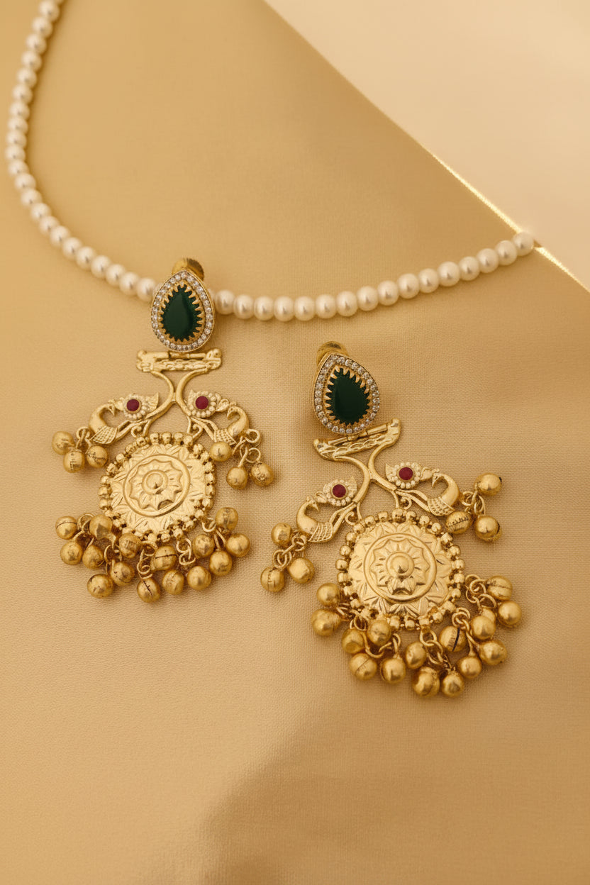 Antique Gold-Plated Peacock Jhumka Earrings