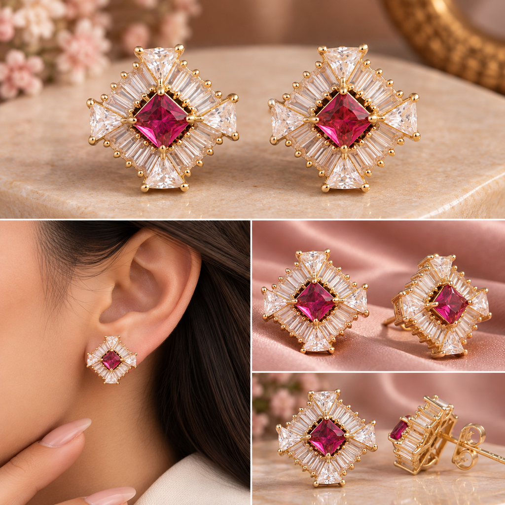 Princess and baguette cut geometric diamond stud earrings