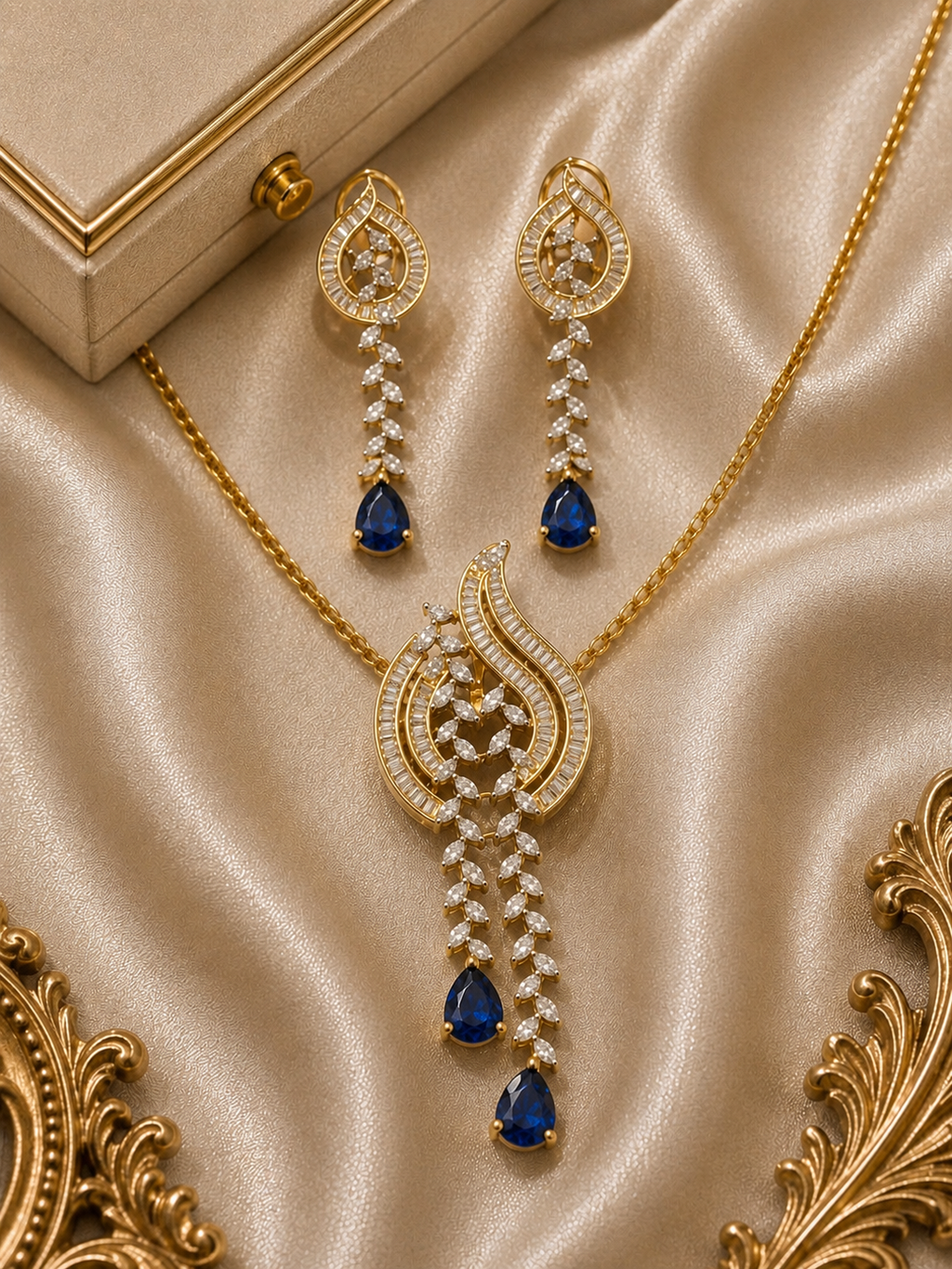 Gold-Plated Cascading Sapphire and American Diamond Pendant Set
