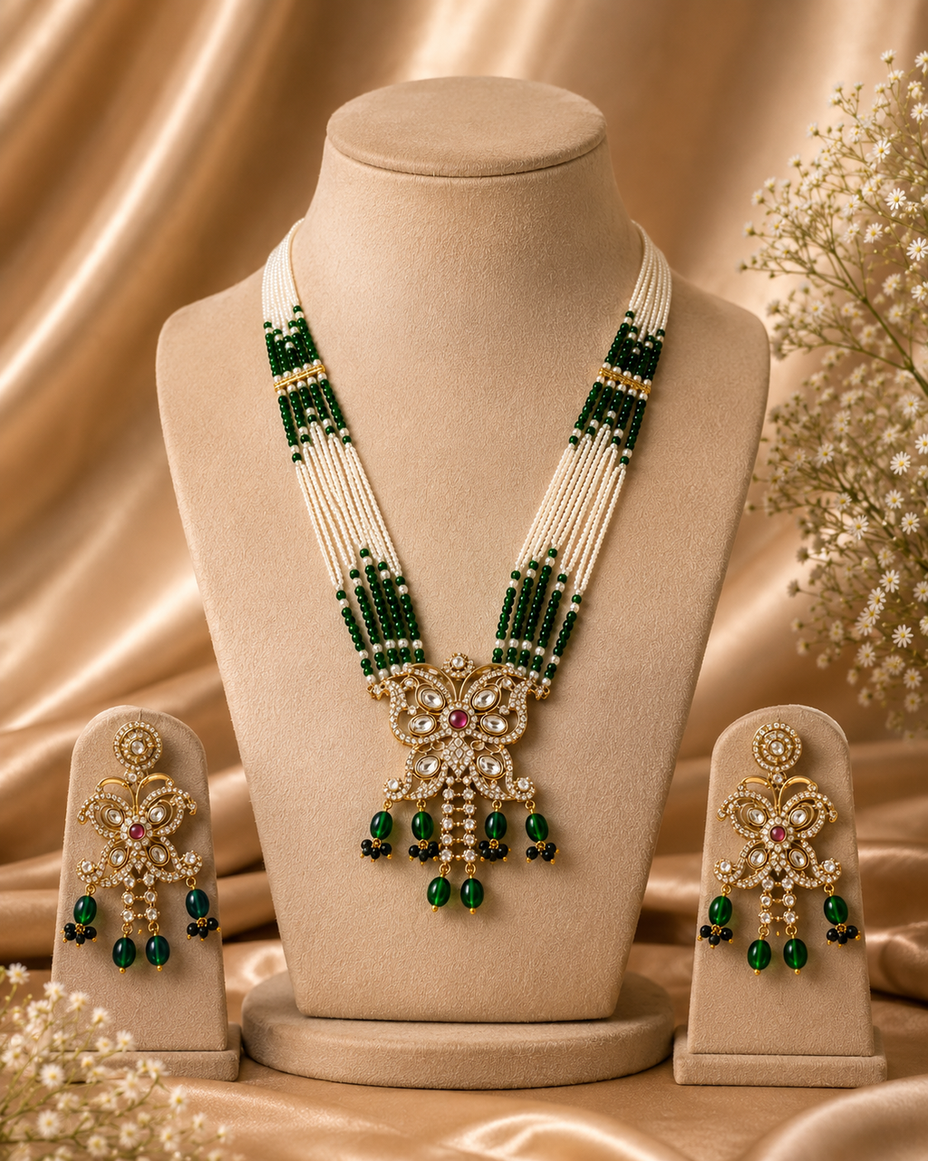 Gold-plated multi-strand pearl and kundan necklace set