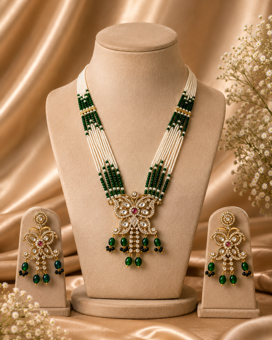 Gold-plated multi-strand pearl and kundan necklace set