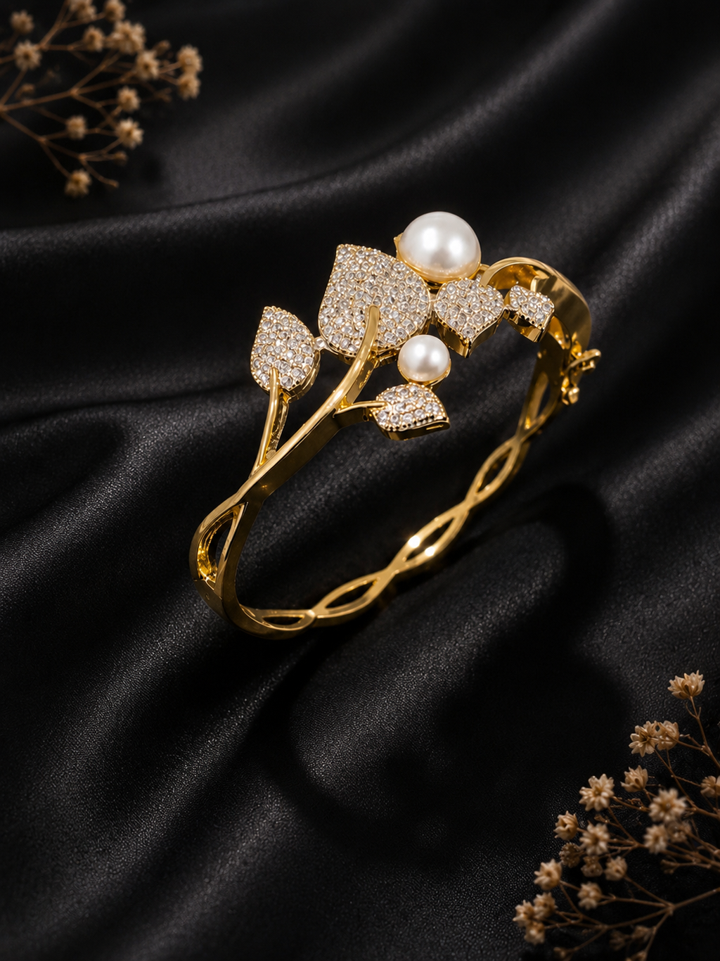 AD exquisite botanical-themed pearl and diamond statement kada bracelet,