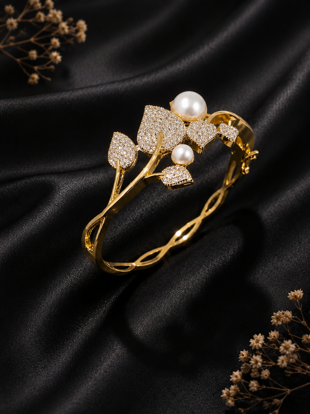 AD exquisite botanical-themed pearl and diamond statement kada bracelet,