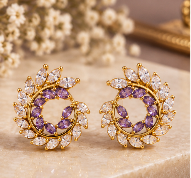 Amethyst purple and clear marquise leaf spiral open-circle stud earrings