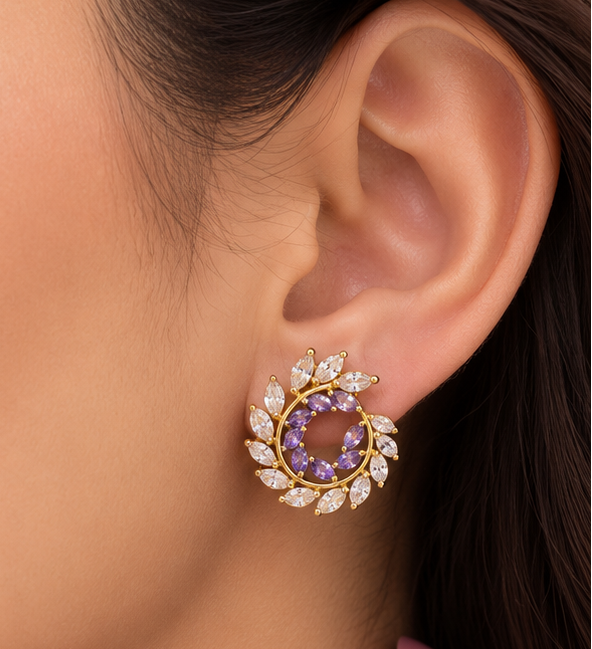 Amethyst purple and clear marquise leaf spiral open-circle stud earrings