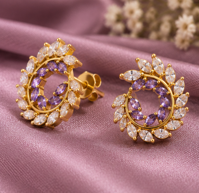 Amethyst purple and clear marquise leaf spiral open-circle stud earrings