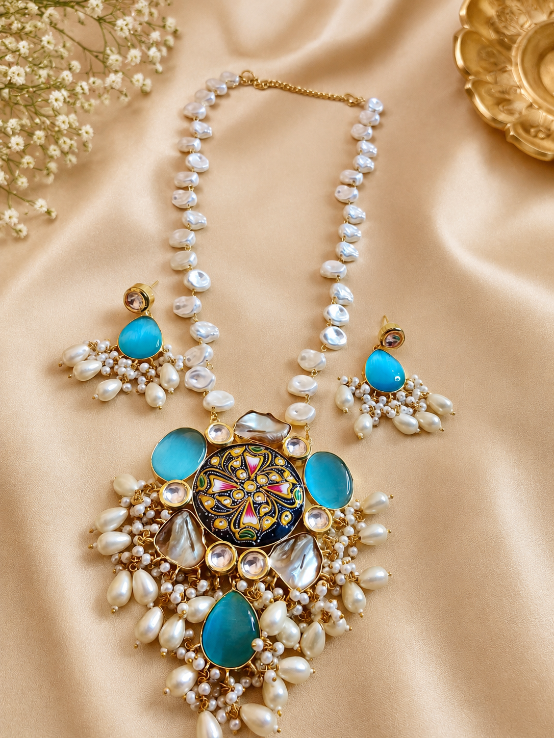 Handcrafted Meenakari pendant and baroque pearl strand necklace with matching drop earrings