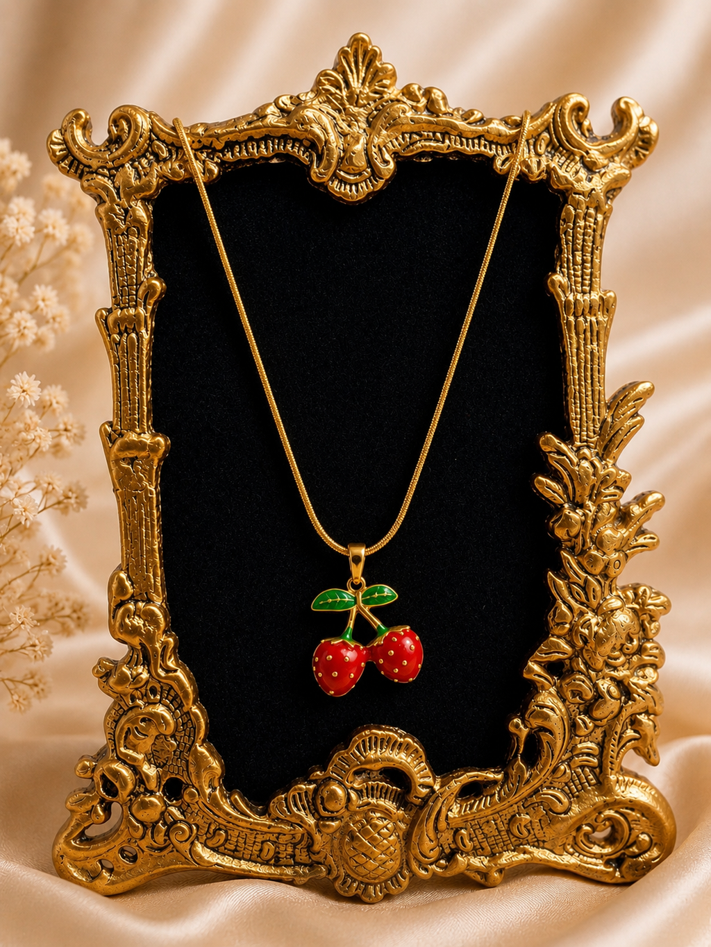 Vibrant Enameled Cherry Pendant Necklace