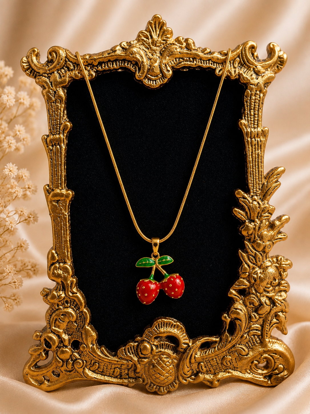 Vibrant Enameled Cherry Pendant Necklace
