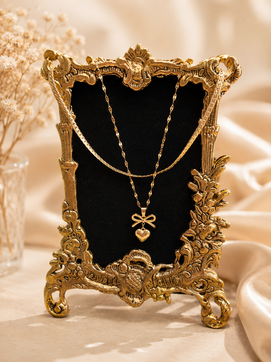 Coquette Layered Snake Chain & Bow Heart Pendant Necklace