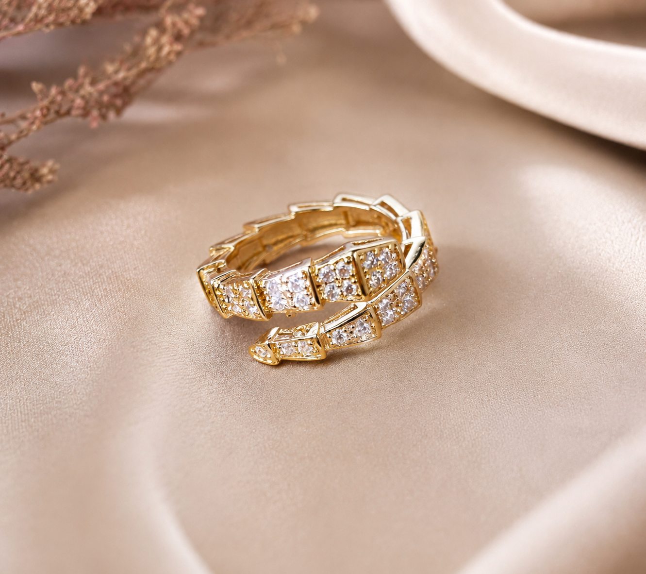 Crystal-encrusted serpent wrap ring