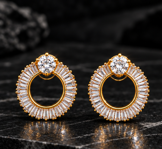 Baguette halo open-circle stud earrings