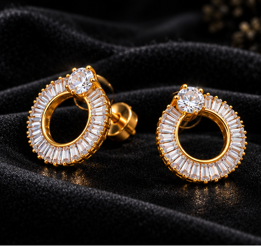 Baguette halo open-circle stud earrings