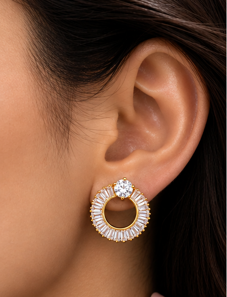 Baguette halo open-circle stud earrings