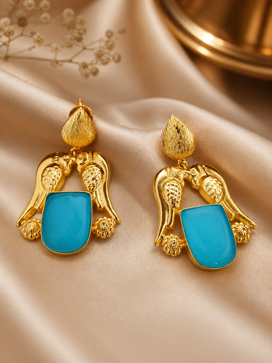 Vintage-Inspired Brass Gold-Plated Parrot Drop Earrings