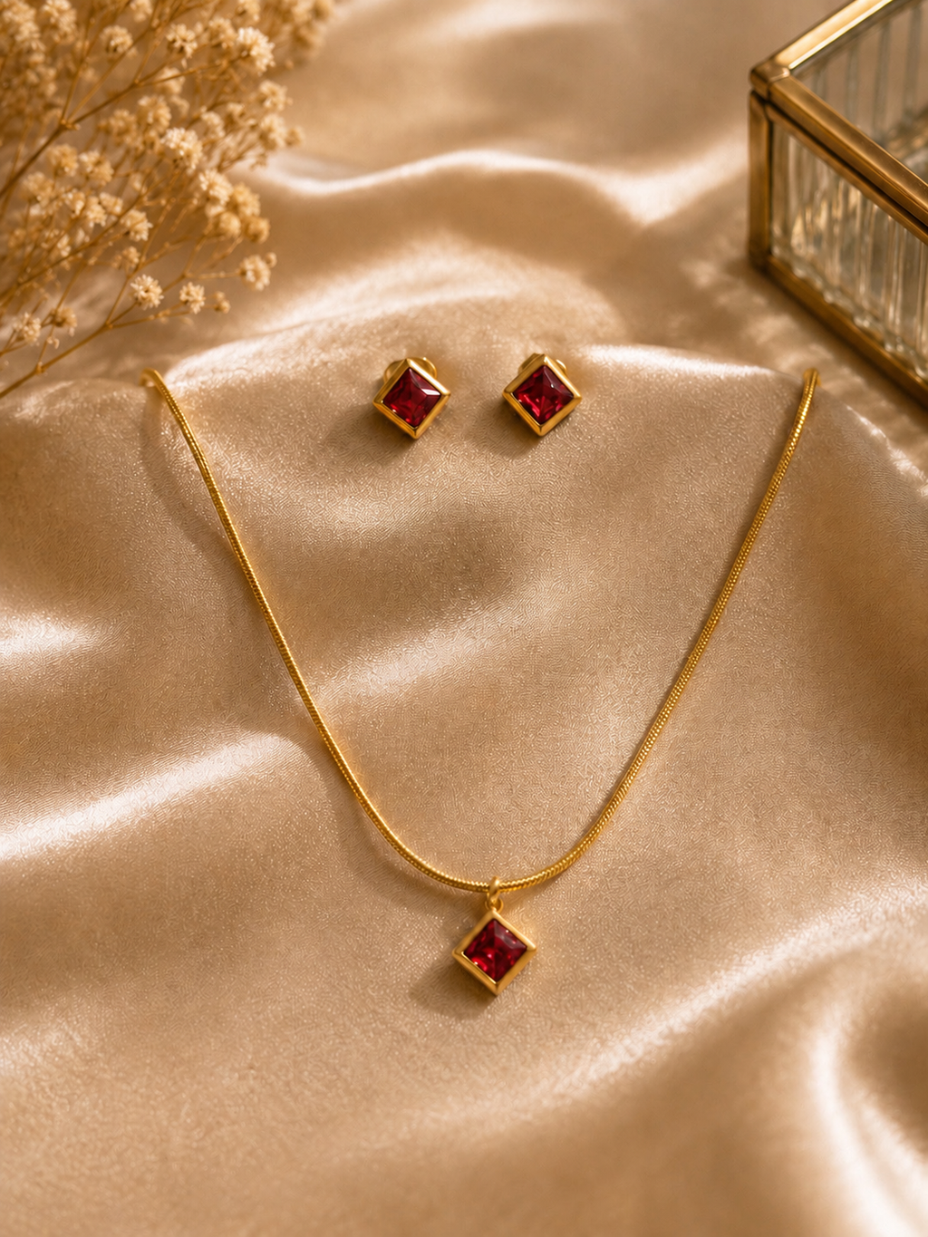 Ruby red square pendant and earring jewelry set