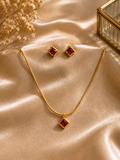Ruby red square pendant and earring jewelry set