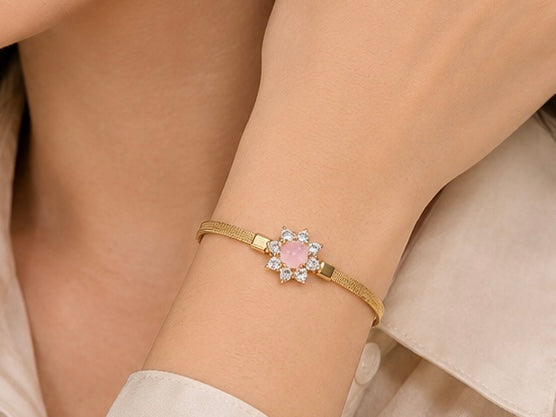 Floral bloom rose-pink snake chain bracelet