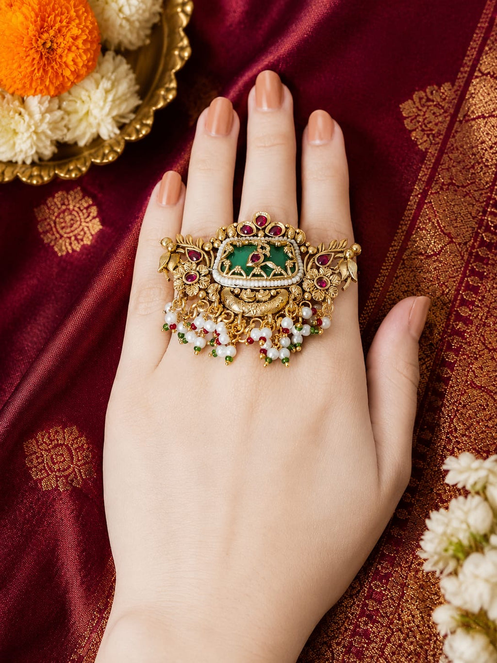Antique gold-plated Rajwadi narrative cocktail ring