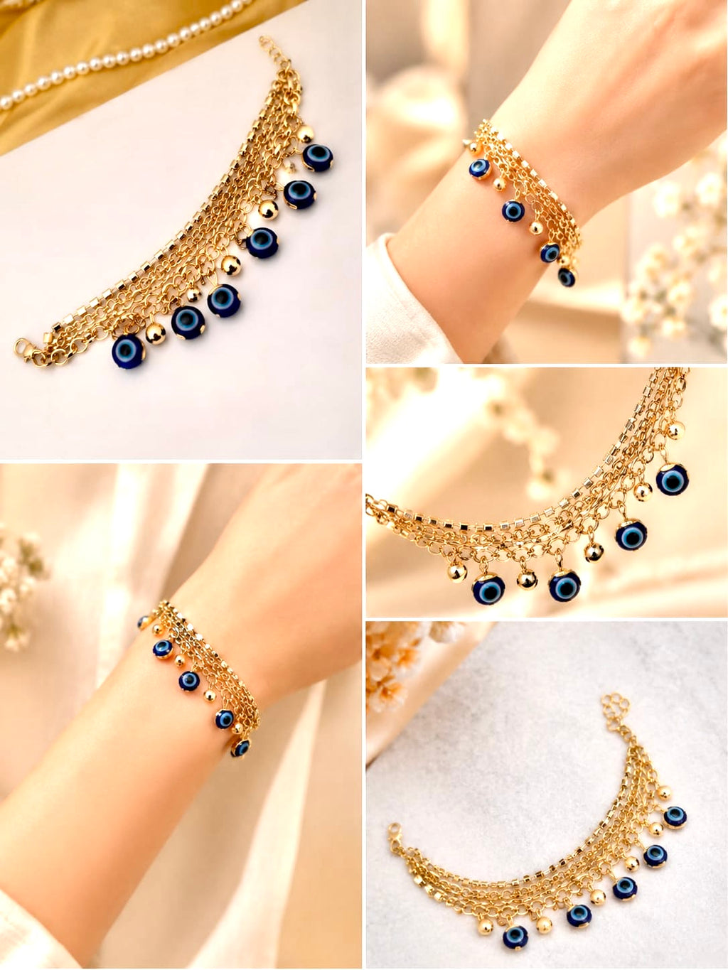 Multi-Layer Gold Chain Dangling Evil Eye Charm Bracelet
