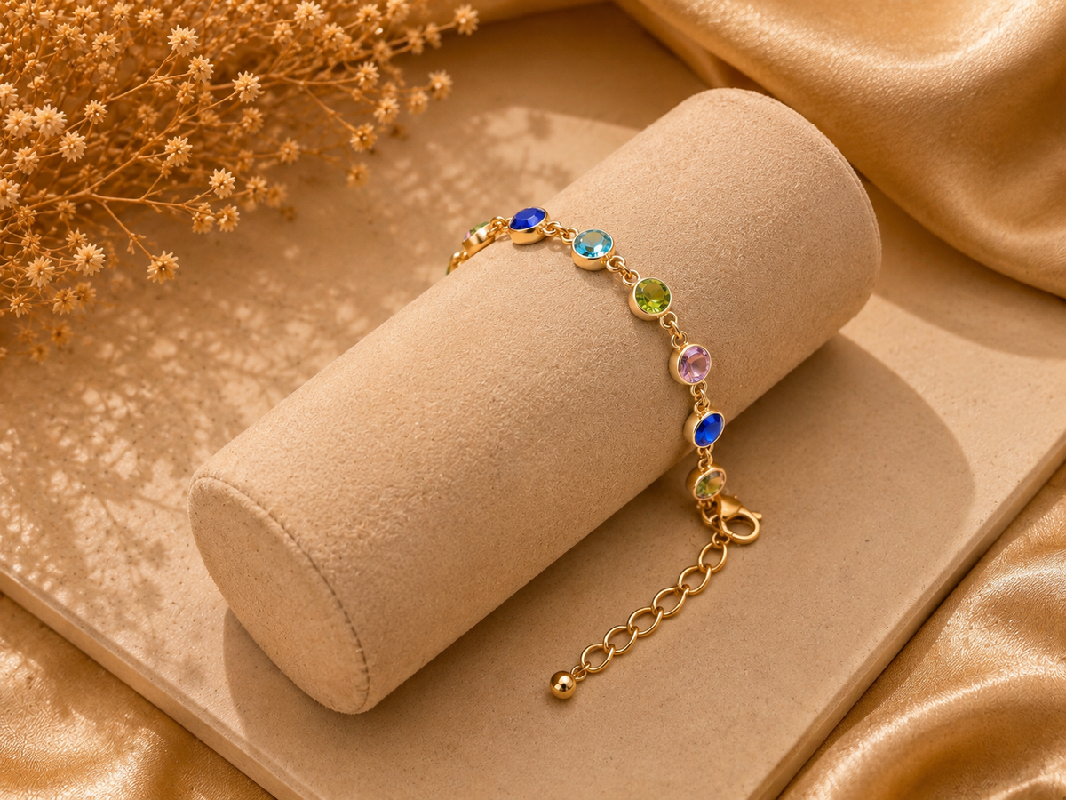 Multicolor bezel-set crystal  gold chain bracelet