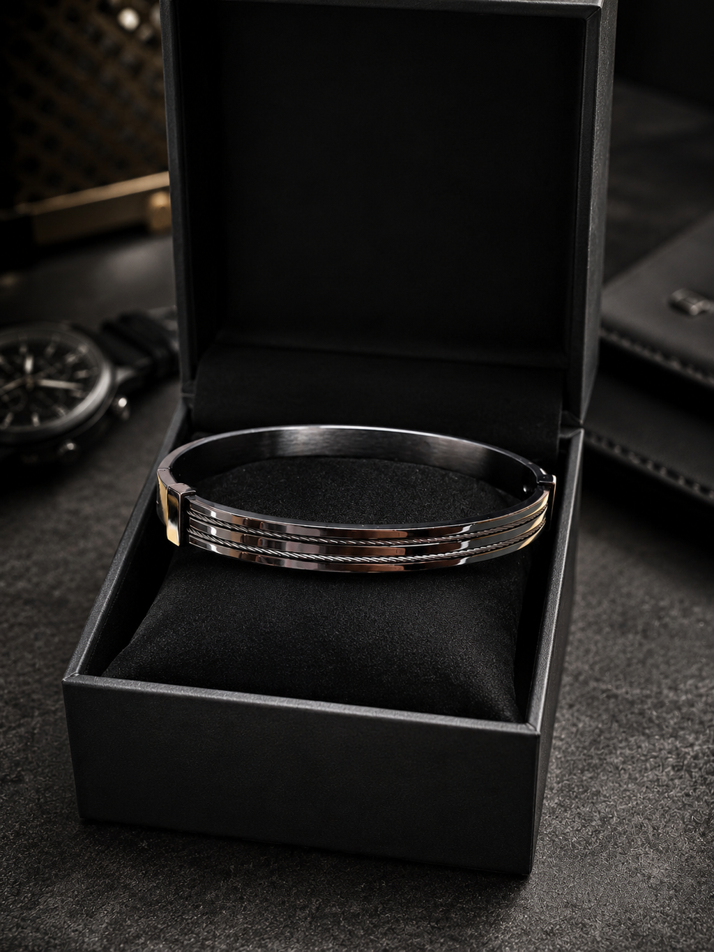 Sleek black and silver multi-row men's bracelet