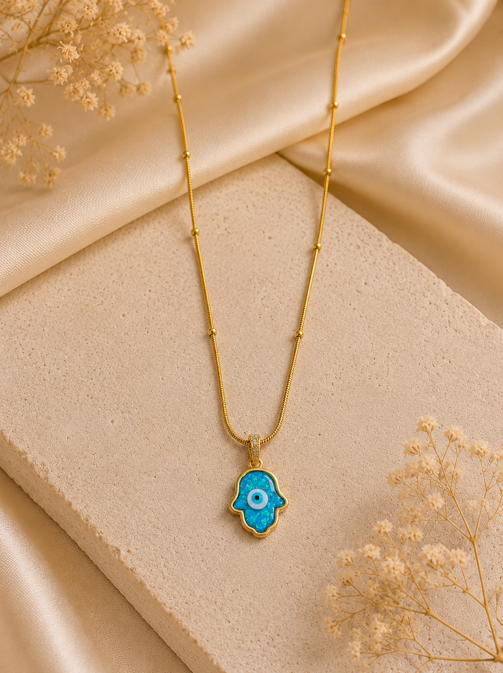Blue Opal Hamsa Hand Evil Eye Pendant Necklace
