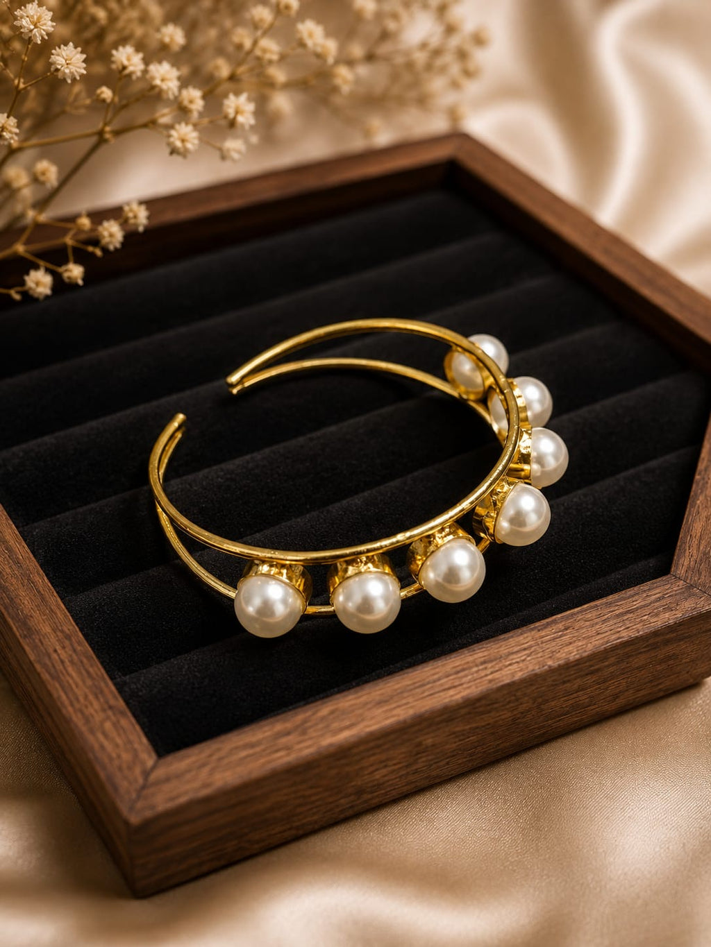 Elegant gold-plated multi-pearl open cuff bracelet