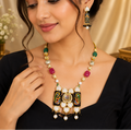 Handcrafted Meenakari and Kundan peacock pendant necklace set with matching earrings