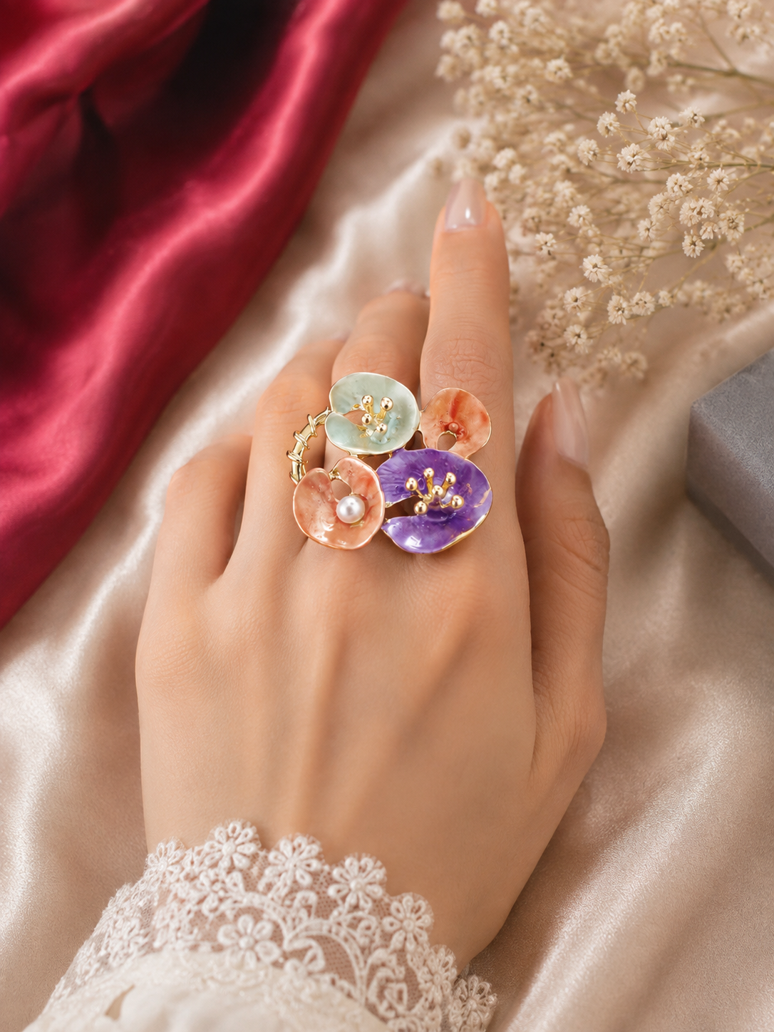 French-vintage style gold enamel wildflower cluster statement ring