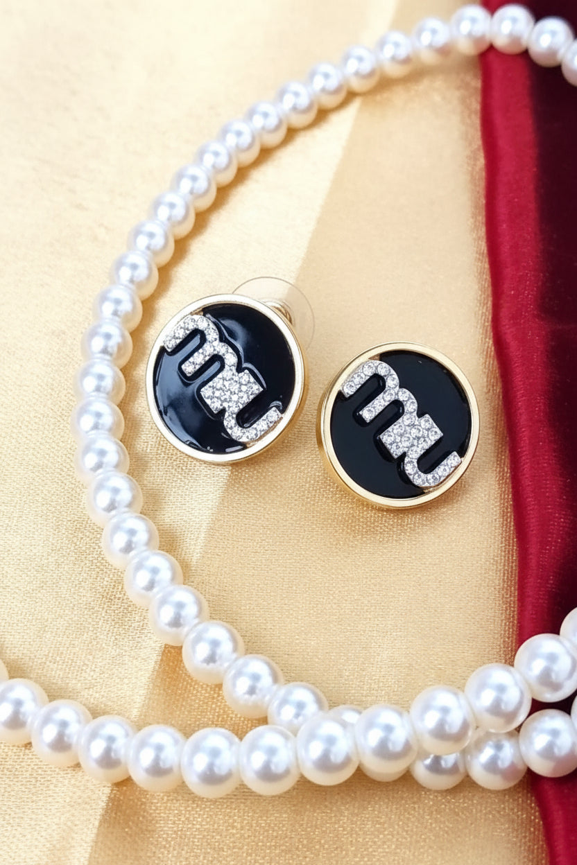 Gold-Plated Black Enamel Logo Stud Earrings