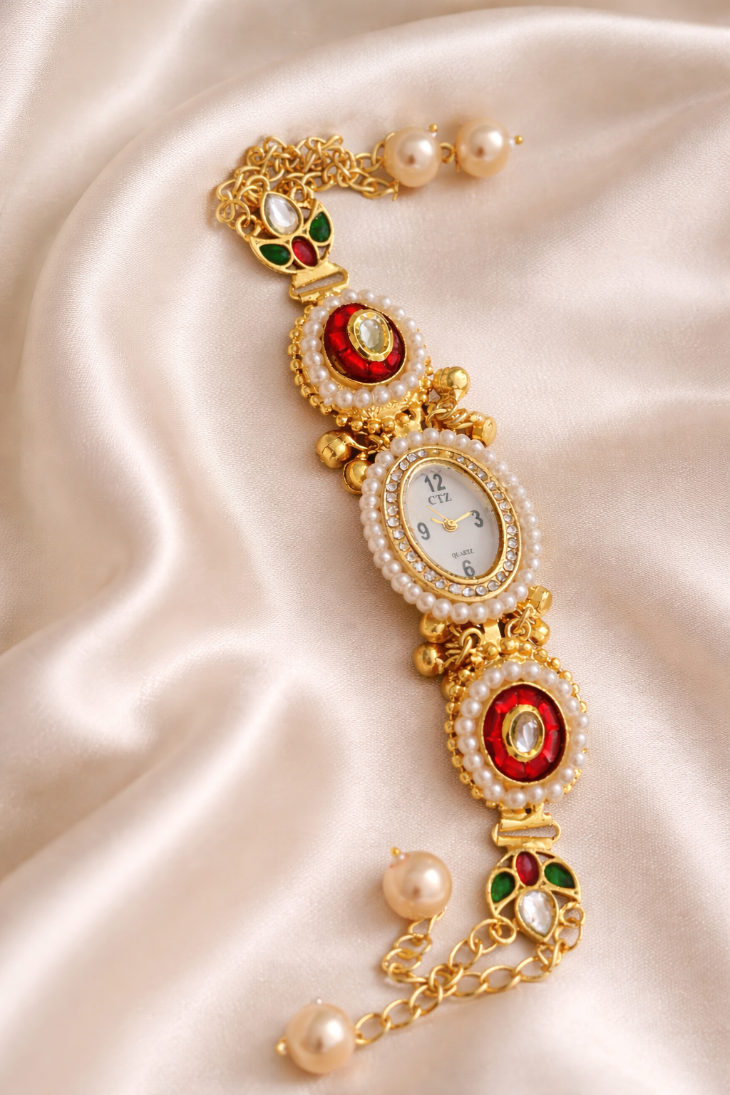 Traditional Kashmiri Kundan & Meenakari Oval Bracelet Watch,