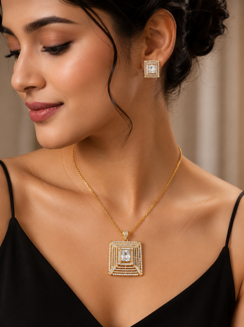Gold-Plated All-White American Diamond Pendant Set