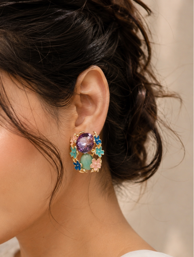 Purple and teal enamel floral cluster stud earrings