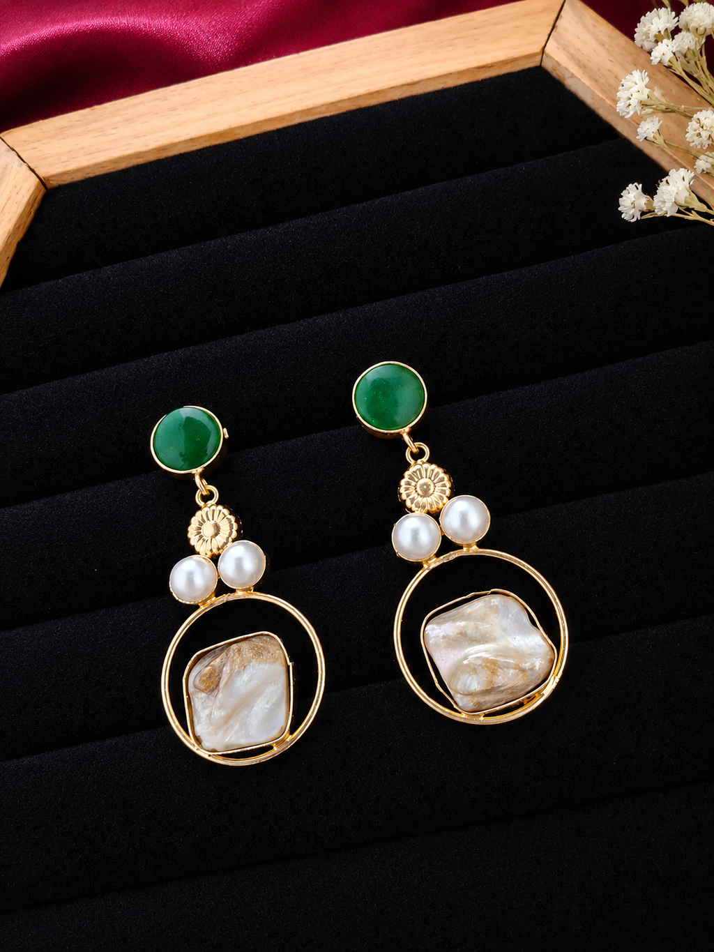 Emerald-green and mother-of-pearl statement drop earrings