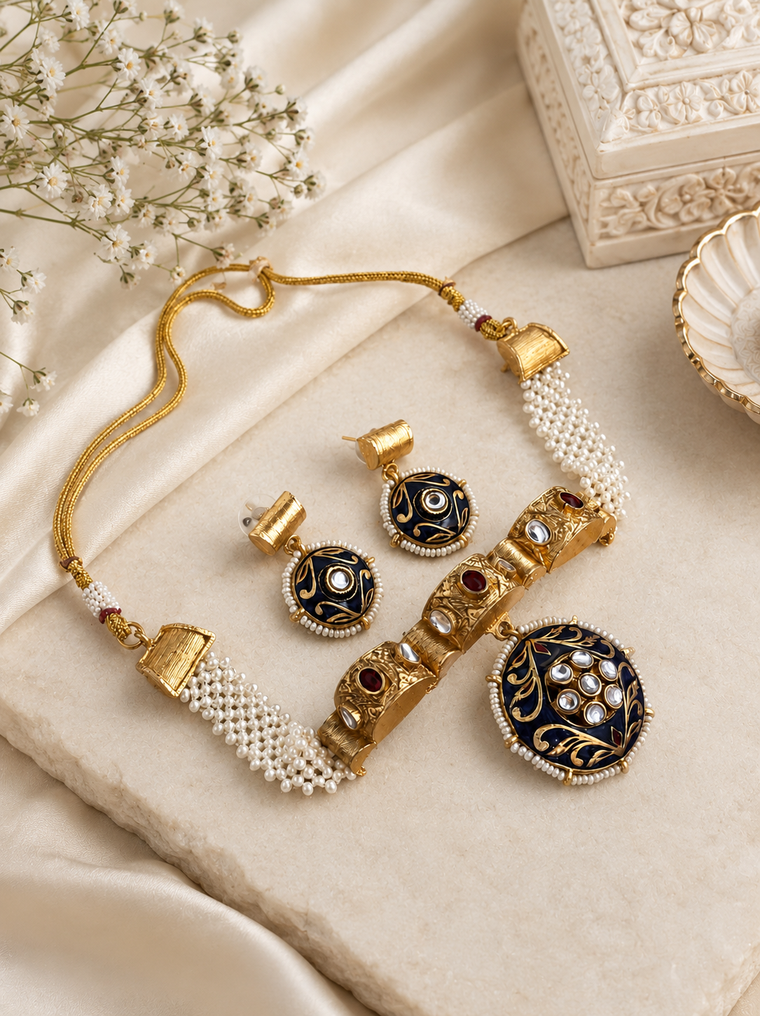 Traditional gold-plated Meenakari and pearl jewelry set