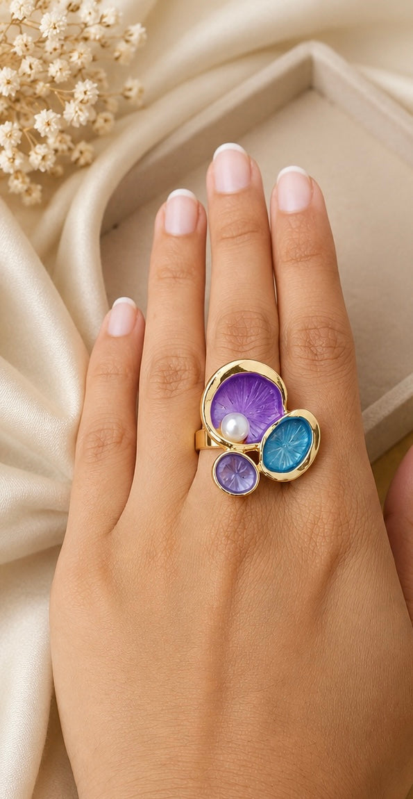 French-vintage style gold enamel lotus pad and pearl cocktail ring