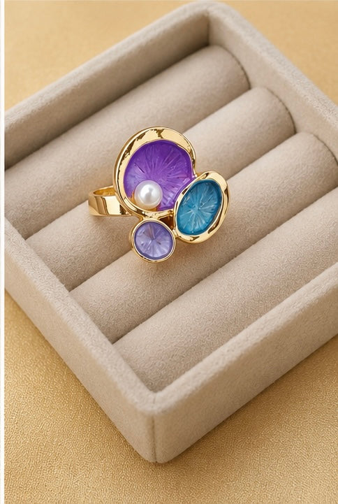 French-vintage style gold enamel lotus pad and pearl cocktail ring